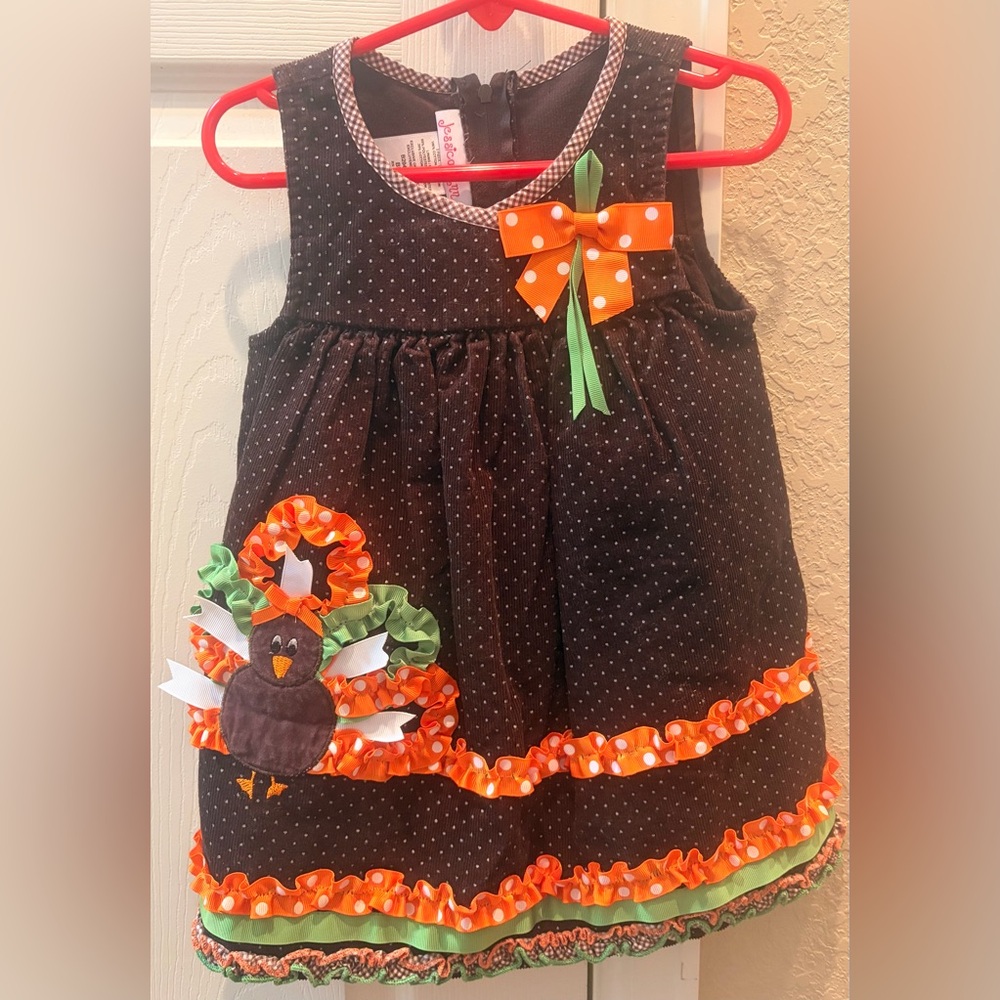 Jessica Ann brown corduroy Polka Dot Turkey Dress with Orange & Green Accents